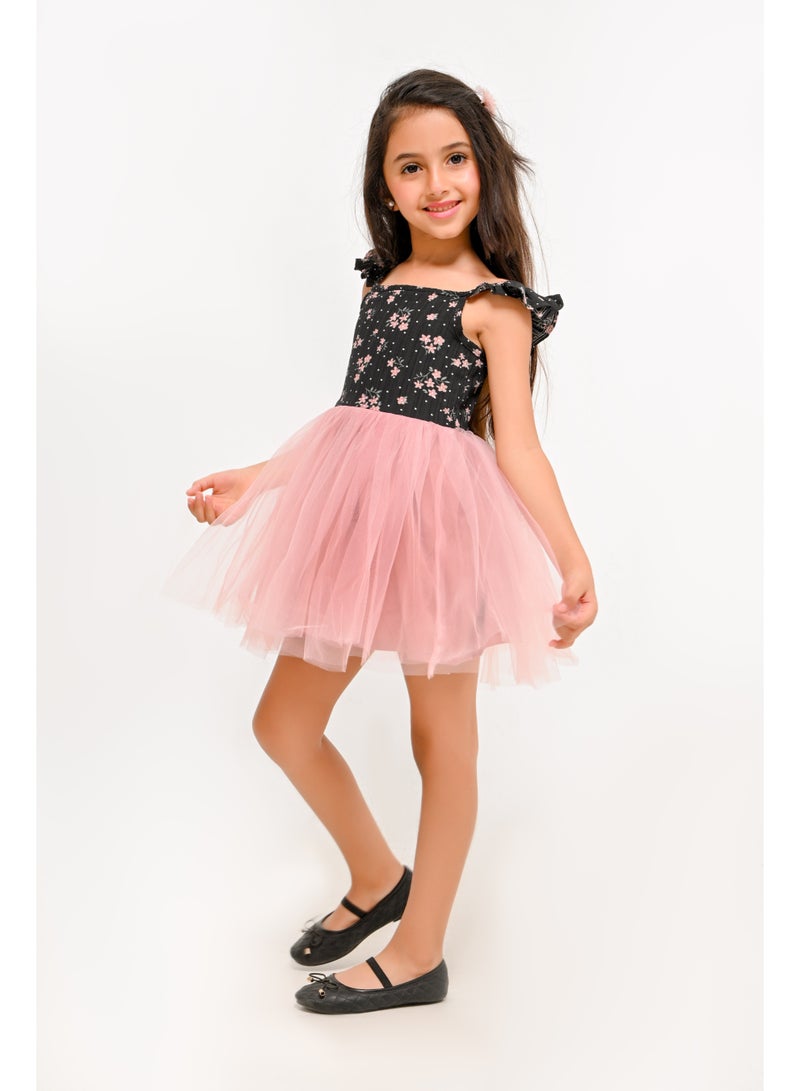 فستان بناتي تول بأكمام رفرفة وطبعة زهور - Image 2