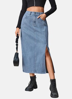 يونيكي Blue Mid Rise Plain Midi Skirt  - Image 1