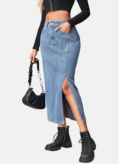 يونيكي Blue Mid Rise Plain Midi Skirt  - Image 3