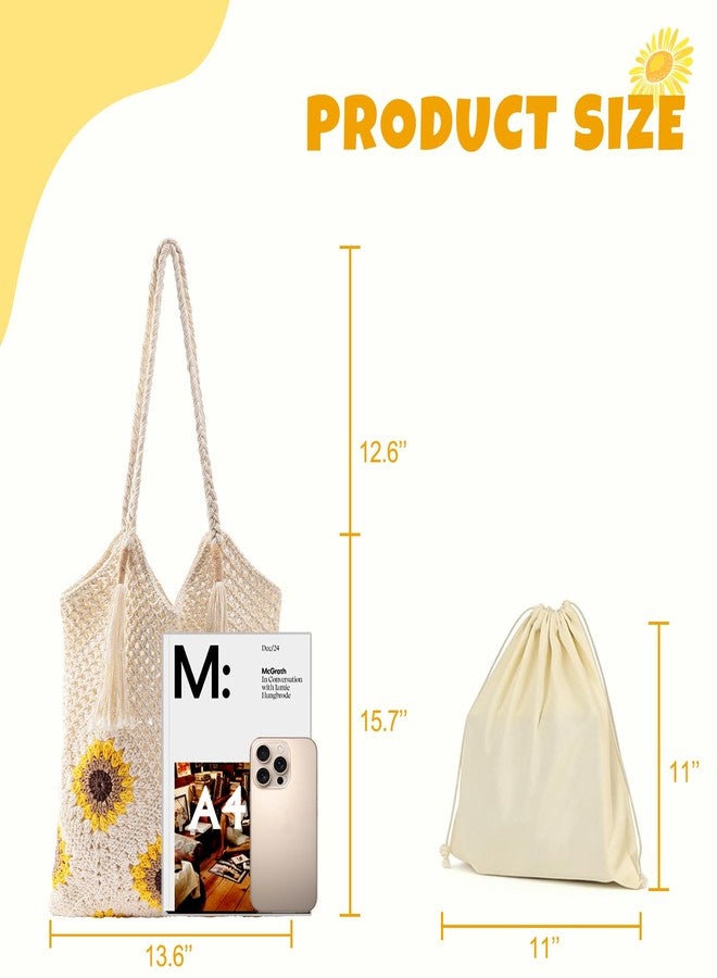 iSamzan Crochet Beach Bag for Women: Handmade Sunflower Tote with Boho Fringe, 2026 Summer Vacation Shoulder Purse - Image 4