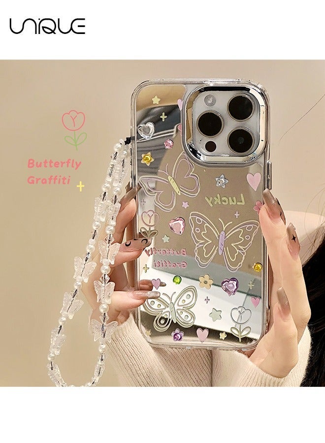 Unique Compatible with iPhone 15 Pro Max Cases, Butterfly Pattern Cases, Peach Heart Diamond Cases, Mirror Cases, TPU Drop Protection - With Lanyard - Image 1