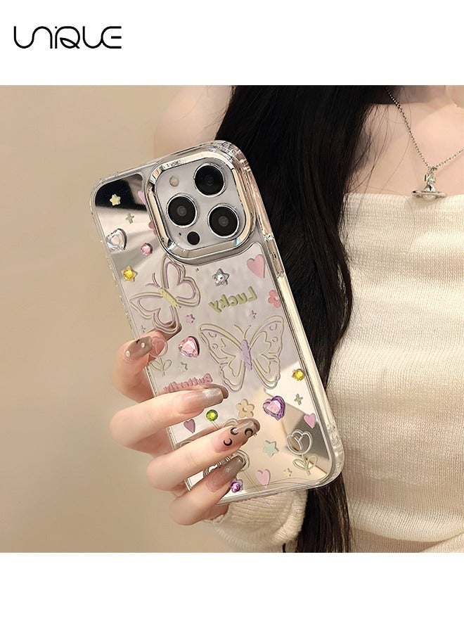 Unique Compatible with iPhone 15 Pro Max Cases, Butterfly Pattern Cases, Peach Heart Diamond Cases, Mirror Cases, TPU Drop Protection - With Lanyard - Image 3