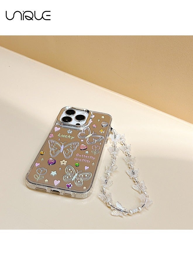 Unique Compatible with iPhone 15 Pro Max Cases, Butterfly Pattern Cases, Peach Heart Diamond Cases, Mirror Cases, TPU Drop Protection - With Lanyard - Image 2