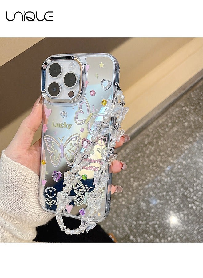 Unique Compatible with iPhone 15 Pro Max Cases, Butterfly Pattern Cases, Peach Heart Diamond Cases, Mirror Cases, TPU Drop Protection - With Lanyard - Image 4