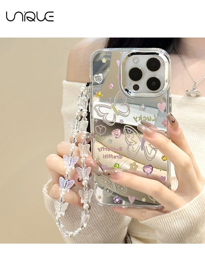 Unique Compatible with iPhone 15 Pro Max Cases, Butterfly Pattern Cases, Peach Heart Diamond Cases, Mirror Cases, TPU Drop Protection - With Lanyard - Image 5