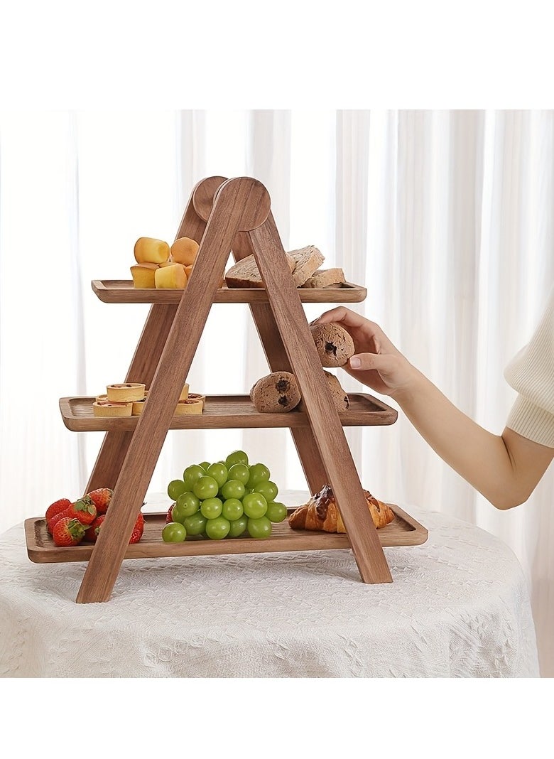 Generic 1pc Wood 3 Tier Serving Tray Three Tiered Cupcake Stand, Rectangle Serving Platter Wooden Farmhouse, Party Serving Brown Decorative Tray Decor  - Image 1
