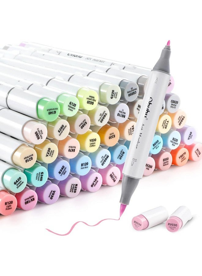 Ohuhu Pastel Markers Brush Tip, Alcohol-based Markers Double Tipped Artist Art for Sketch Adults' Coloring Illustration, 48 Pastel Colors +1 Alcohol Marker Blender + Marker Case, Brush & Fine - Image 1