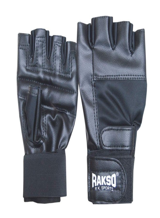 RAKSO Black Gym Leather Gloves with Wrist Wraps Support for Workout, Cross Fit, Exercise_and_Fitness & Cross Training, Outside Activities, Best for Men & Women Black Color - Image 2