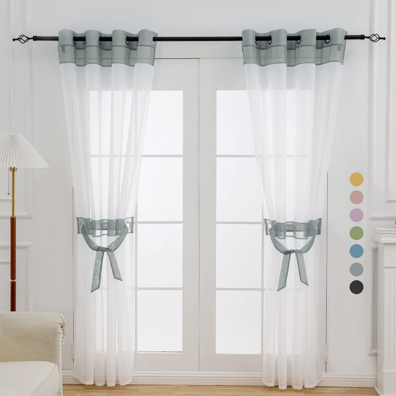 L.Z.E Grey and White Sheer Curtains 84 Inches Long 2 Panels Set, Transparent Elegant Curtains for Living Room Window Treatment Grommet Top Curtain & Drapes (56" W x 84" L Grey) - Image 1