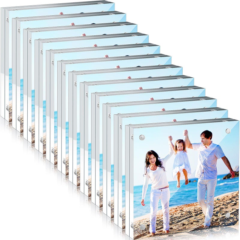 Handepo 12 Pcs Acrylic Picture Frame Bulk Clear Acrylic Photo Frame Magnetic Desktop Display Double Sided 20 mm Thickness Freestanding for Bedroom Living Room Home Office4 x 4