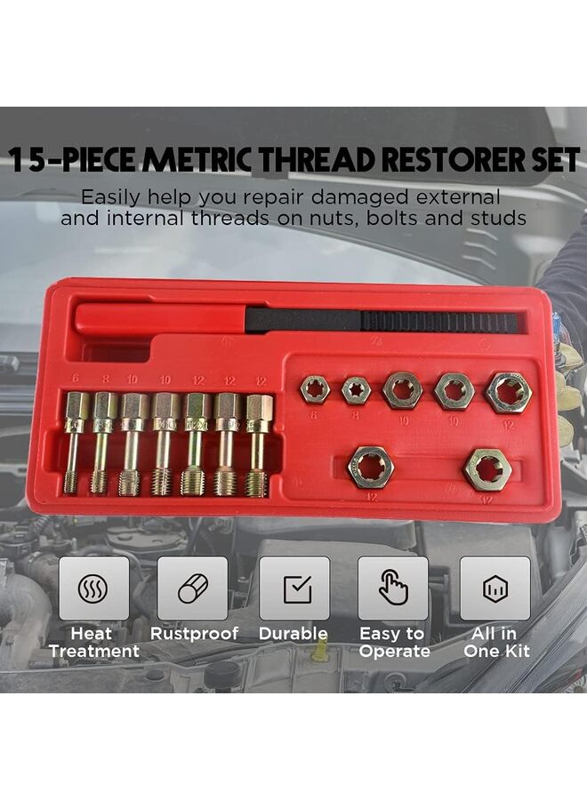 مجموعة أدوات تنظيف الخيوط المترية، 15 قطعة، مجموعة أدوات ترميم مبرد الخيوط، مجموعة الصنبور والقوالب، متري وقياسي، M6x1.0، M8x1.25، M10x1.25، M10x1.50، M12x1.25، M12x1.50، M12x1.75 - Image 2