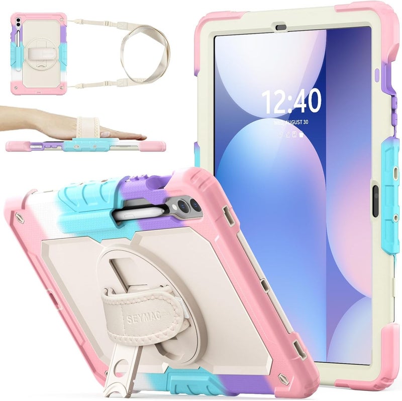 SEYMAC Case for Galaxy Tab S9 Plus /S9 FE Plus/S10 Plus 12.4'', with Screen Protector Pencil Holder [360 Rotating Hand Strap] &Stand, Drop-Proof, Yellowish+Pink - Image 1