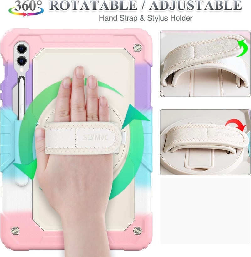 SEYMAC Case for Galaxy Tab S9 Plus /S9 FE Plus/S10 Plus 12.4'', with Screen Protector Pencil Holder [360 Rotating Hand Strap] &Stand, Drop-Proof, Yellowish+Pink - Image 3