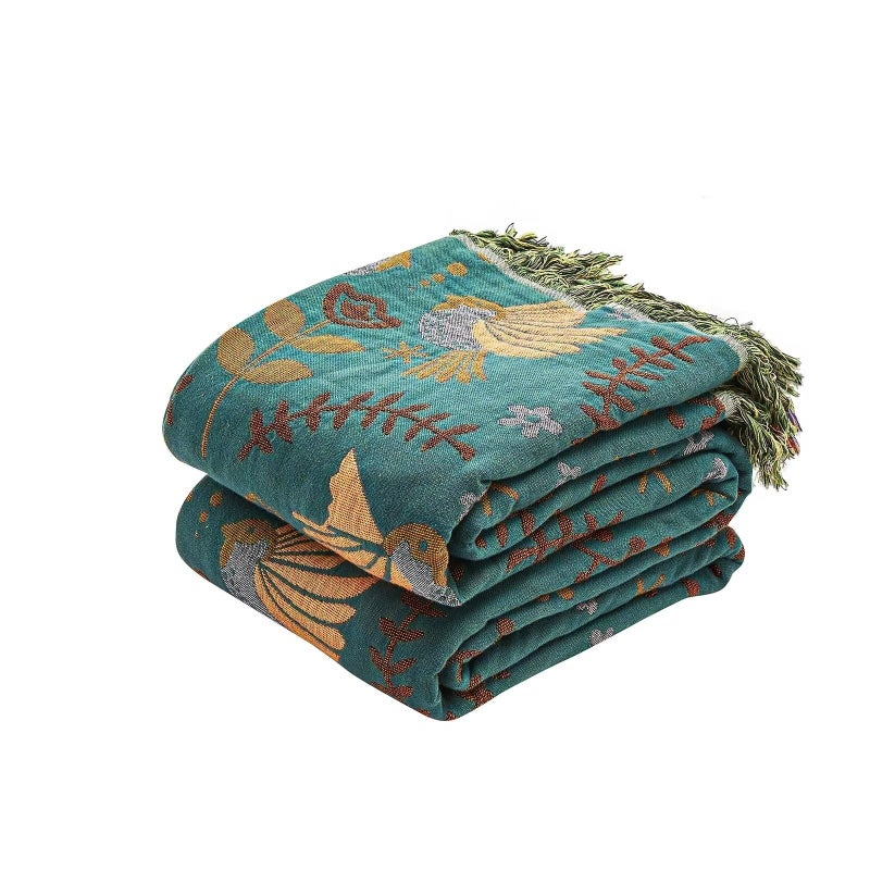 XIBLC Boho Throw Blanket  100% Cotton Ultra Soft Luxury Throw Rustic Quilt  80""x90"" Floral Printed Farmhouse Decor Bed Summer Blankets  All Season Rustic Reversible Bohemian Throw for Bed - Blue - Image 1