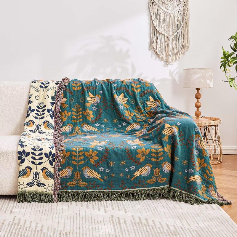 XIBLC Boho Throw Blanket  100% Cotton Ultra Soft Luxury Throw Rustic Quilt  80""x90"" Floral Printed Farmhouse Decor Bed Summer Blankets  All Season Rustic Reversible Bohemian Throw for Bed - Blue - Image 4
