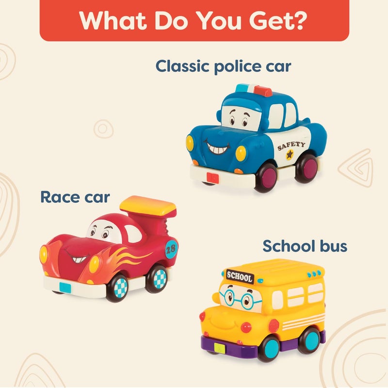 B. toys â€“ Mini Wheeee â€“ ls! â€“ 3 Pieces Mini Pull â€“ Back Vehicles Set, Bus & Cars, Multi, Hot Rod, School Bus, Police Car â€“ 1 Year + - Image 5