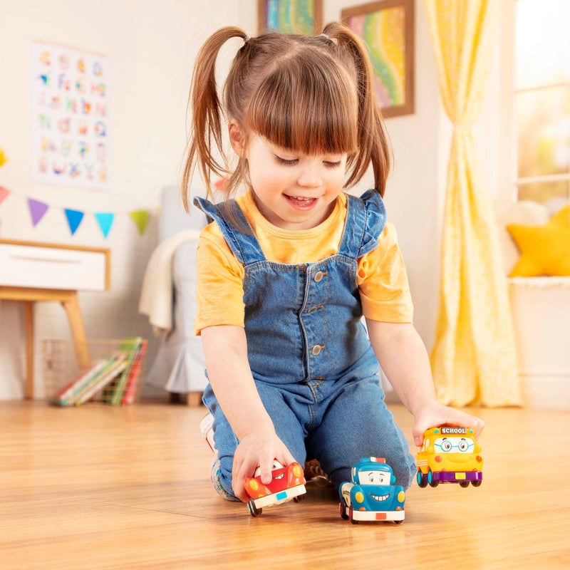 B. toys â€“ Mini Wheeee â€“ ls! â€“ 3 Pieces Mini Pull â€“ Back Vehicles Set, Bus & Cars, Multi, Hot Rod, School Bus, Police Car â€“ 1 Year + - Image 2