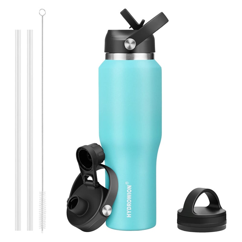 HYDROWION 32oz Stainless Steel Water BottleCold for 48 Hrs Hot for 24 Hrs Double Wall Vacuum Insulated Water Bottle with Straw Lid Spout Lid and Flex Cap Fit in Any Car Cup Holder Mint