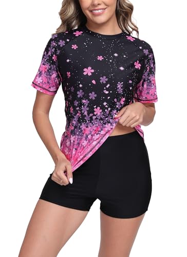 Halcurt Women Swimsuit Shirt and Shorts Short Sleeve Rashguard UPF 50 Two Piece Board Shorts Floral L - Image 1