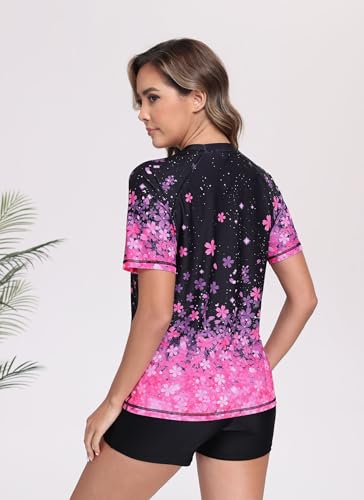 Halcurt Women Swimsuit Shirt and Shorts Short Sleeve Rashguard UPF 50 Two Piece Board Shorts Floral L - Image 3