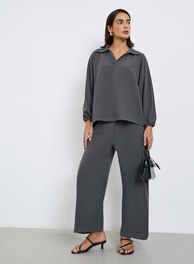 Amirah Women Charcoal Shirt Collar Top and Pants Modest Set - Image 3
