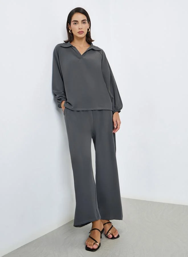 Amirah Women Charcoal Shirt Collar Top and Pants Modest Set