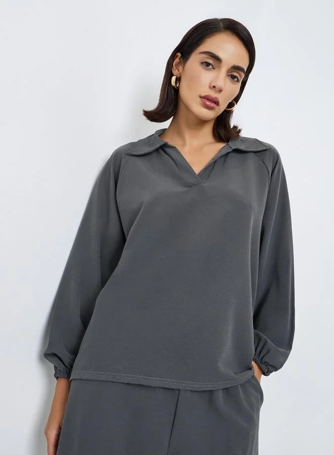 Amirah Women Charcoal Shirt Collar Top and Pants Modest Set