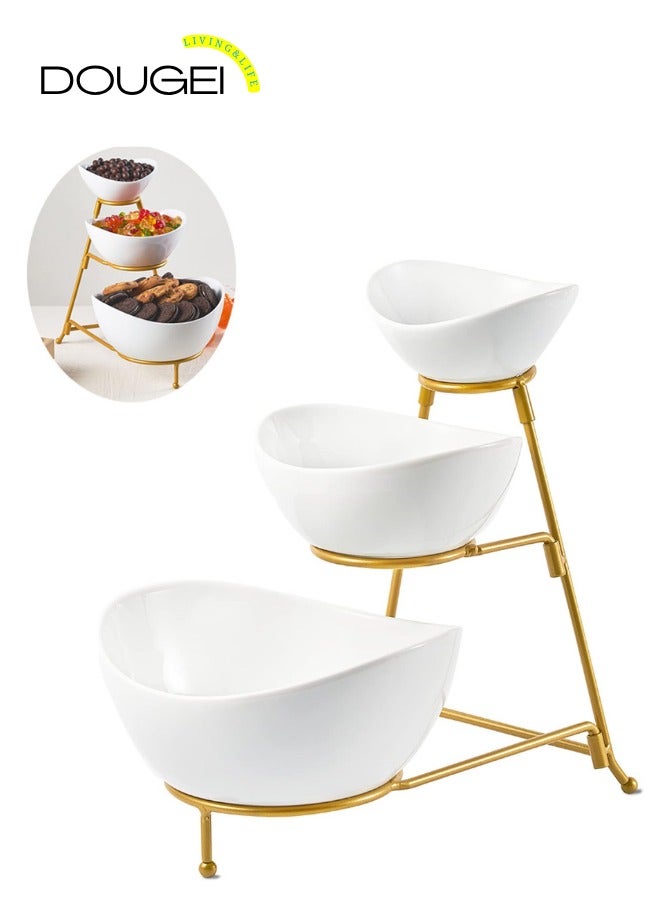 دوغي مجموعة أوعية تقديم من 3 طبقات حامل تقديم متدرج ، أوعية بيضاوية من البورسلين مع حامل معدني قابل للطي للترفيه ، والحفلات ، وعرض الحلوى ، والحلوى ، والرقائق ، والتغميس (ذهبي) - Image 1