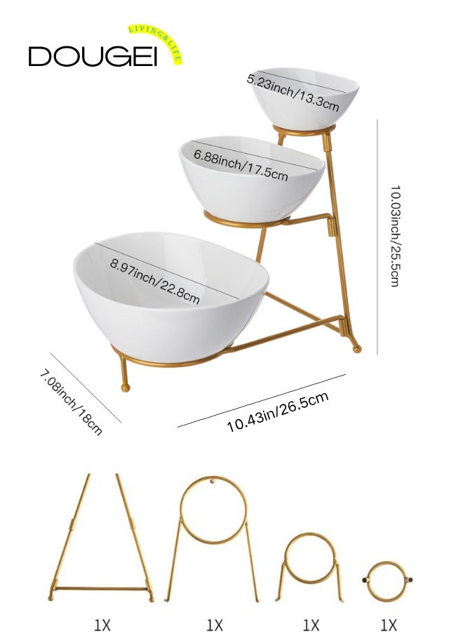 دوغي مجموعة أوعية تقديم من 3 طبقات حامل تقديم متدرج ، أوعية بيضاوية من البورسلين مع حامل معدني قابل للطي للترفيه ، والحفلات ، وعرض الحلوى ، والحلوى ، والرقائق ، والتغميس (ذهبي) - Image 2