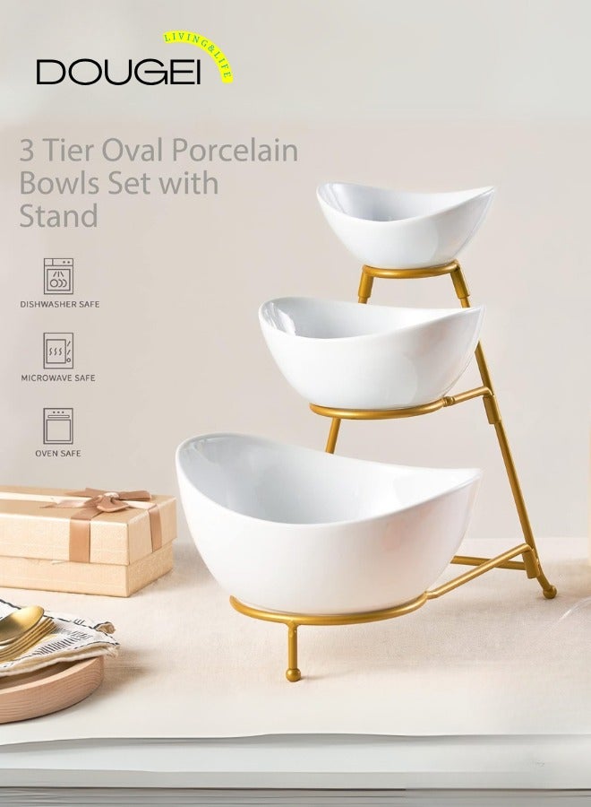 دوغي مجموعة أوعية تقديم من 3 طبقات حامل تقديم متدرج ، أوعية بيضاوية من البورسلين مع حامل معدني قابل للطي للترفيه ، والحفلات ، وعرض الحلوى ، والحلوى ، والرقائق ، والتغميس (ذهبي) - Image 3