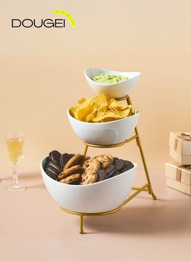 دوغي مجموعة أوعية تقديم من 3 طبقات حامل تقديم متدرج ، أوعية بيضاوية من البورسلين مع حامل معدني قابل للطي للترفيه ، والحفلات ، وعرض الحلوى ، والحلوى ، والرقائق ، والتغميس (ذهبي) - Image 5