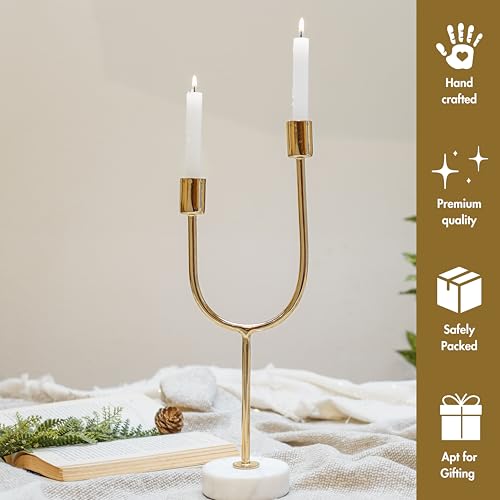 Behoma Solid Metal U Shape Candle Stick Holder with White Marble Base | Table Centerpieces Coffee Tables or Fireplace Mantels | Candles Stand for Christmas, Home Decor, Gift, Valentine's Day | Gold - Image 4