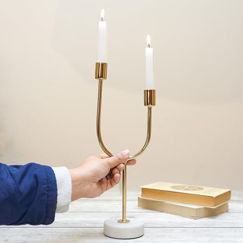 Behoma Solid Metal U Shape Candle Stick Holder with White Marble Base | Table Centerpieces Coffee Tables or Fireplace Mantels | Candles Stand for Christmas, Home Decor, Gift, Valentine's Day | Gold - Image 2
