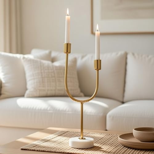 Behoma Solid Metal U Shape Candle Stick Holder with White Marble Base | Table Centerpieces Coffee Tables or Fireplace Mantels | Candles Stand for Christmas, Home Decor, Gift, Valentine's Day | Gold - Image 1