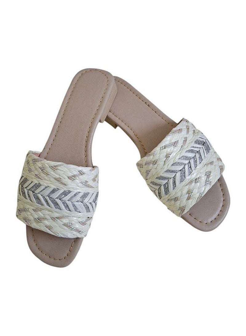 Karisma Flat Squared Toe Slippers With Simple Canvas Embroidered Upper Strap - Image 1