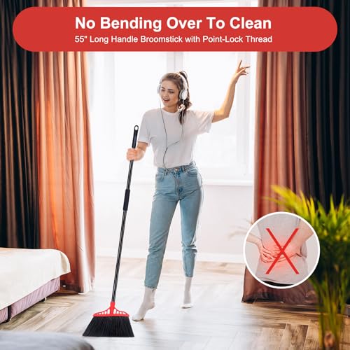Tiumso Heavy Duty Angle Broom - 55" Adjustable Iron Handle with Stiff Bristles - Commercial-Grade Indoor/Outdoor Broom for Garage, Patio, Kitchen, Sidewalk & Concrete Cleaning (Black & Red) - Image 3
