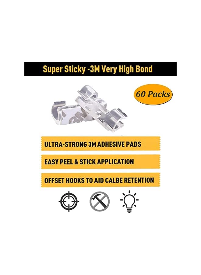 PROMASS promass Cable Clips Cord Management for Office Desk PC TV Electric Power Extension Wire Hooks Clip with Adhesive Tapes - Clear Sticky Tidy Cord and Wires Organiser Clips (Transparent - 60 Packs)  - Image 2