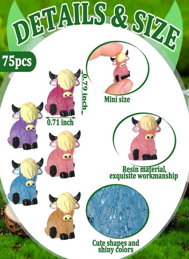 Beeveer 75 Pcs Mini Highland Cow Figurines Bulk Glitter Highland Cow Mini Figures Cute Resin Miniature Animals Tiny Statues Sculpture Ornament for Cake Topper Landscape Office Garden Desk Party Tabletop Decor - Image 3