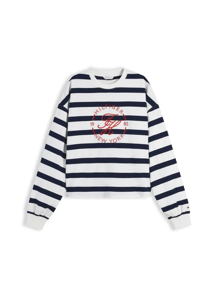 Tommy Hilfiger Wide Strp Ecru / Dark Night Navy Logo Relaxed Crew Neck Sweatshirt for Women | Best Price UAE