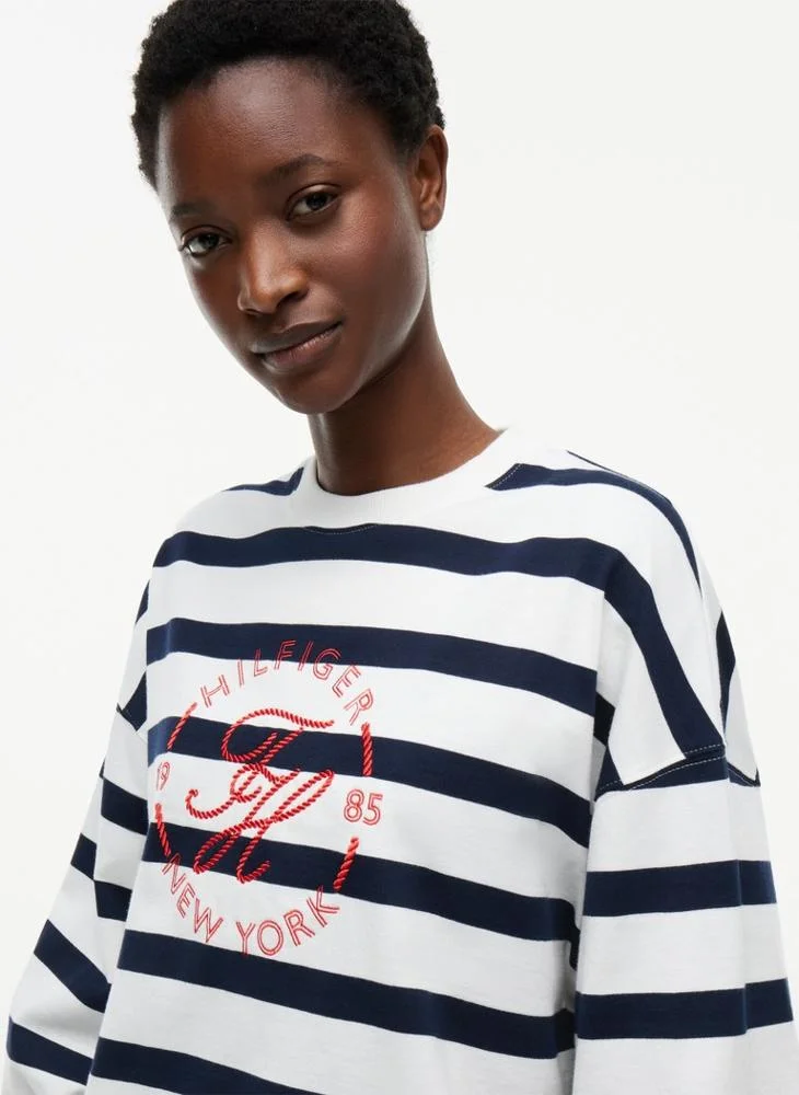 Tommy Hilfiger Wide Strp Ecru / Dark Night Navy Logo Relaxed Crew Neck Sweatshirt for Women | Best Price UAE