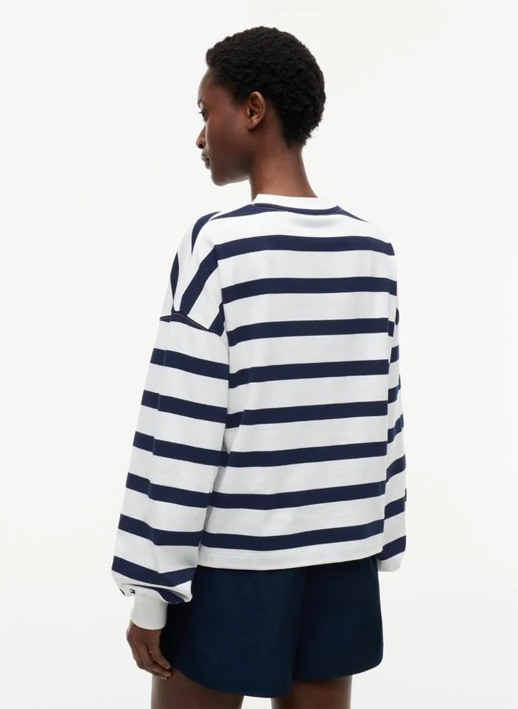 Tommy Hilfiger Wide Strp Ecru / Dark Night Navy Logo Relaxed Crew Neck Sweatshirt for Women | Best Price UAE