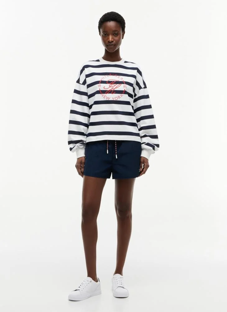 Tommy Hilfiger Wide Strp Ecru / Dark Night Navy Logo Relaxed Crew Neck Sweatshirt for Women | Best Price UAE