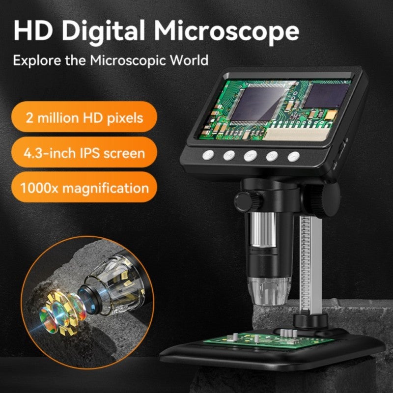 50-1000X Digital Microscope 4.3 Inch IPS 2MP HD Lens 8LED Adjust Light 2000mAh Electronic Magnifier for Repair, Collectible, PC Inspection - Image 3