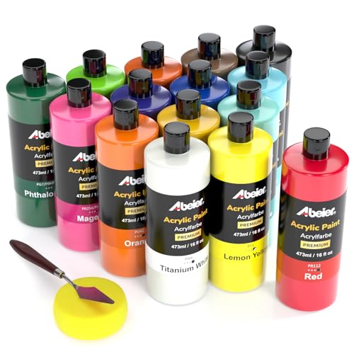 ABEIER Large Bulk Acrylic Paint Set, 15 Colors (473 ml/16 fl oz), Matte Finish, Rich Pigments, Non-Toxic Paints for Painting on Canvas Crafts Wood Ceramic, Ideal for Beginners and Students - Image 1