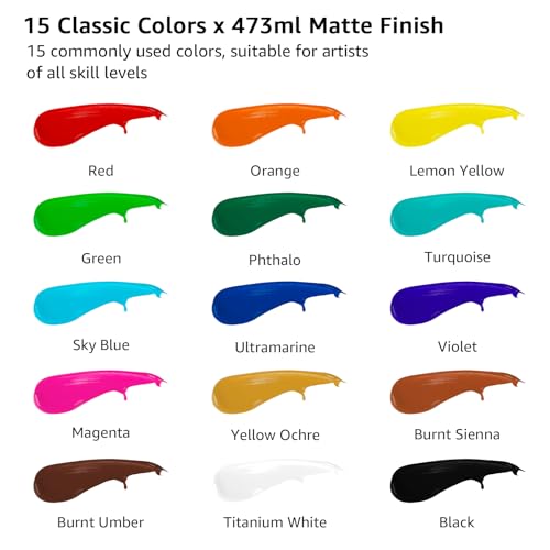 ABEIER Large Bulk Acrylic Paint Set, 15 Colors (473 ml/16 fl oz), Matte Finish, Rich Pigments, Non-Toxic Paints for Painting on Canvas Crafts Wood Ceramic, Ideal for Beginners and Students - Image 2