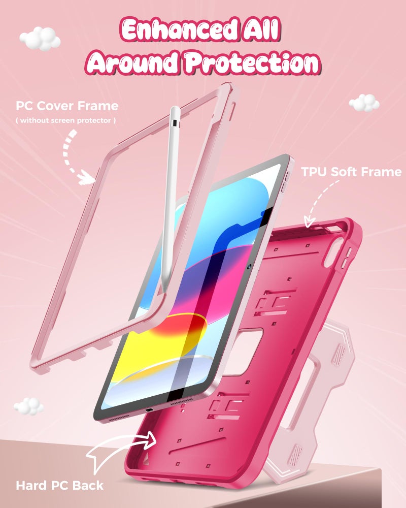 INFILAND Kids Case for iPad A16 11th Generation 11 Inch (2025), iPad 10th Generation 10.9 Inch (2022), Heavy Duty Rugged Shockproof Protective Cover with Dual-Support Folding Kickstand (Magenta-Pink) - Image 3