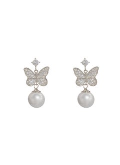 Chic Micro-Inlay Zircon Butterfly Pearl Earrings Silver-zircon butterfly pearl stud earrings (thick real gold plating)