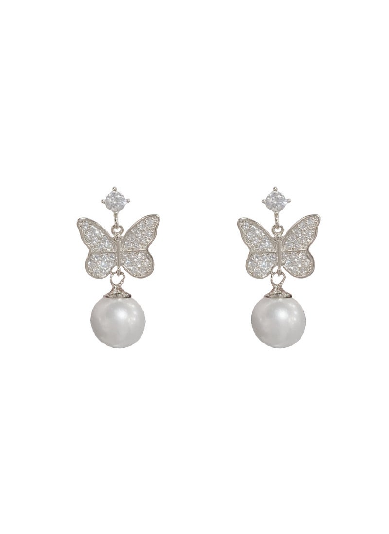 Generic - Chic Micro-Inlay Zircon Butterfly Pearl Earrings Silver-zircon butterfly pearl stud earrings (thick real gold plating) - Image 1
