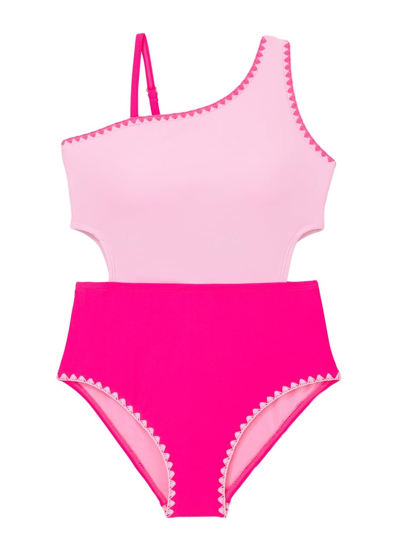blibean Teen Girls Swimsuits Little Kids Summer One Piece Hawaii Beach Bathing Suit Tween Girl Fashion Color Block Swimwear Traje De Baño para Niñas Size 8-9 Year Old Rose Pink - Image 1