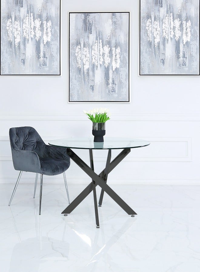 VANITY LIVING طاولة طعام VANITY LIVING مع سطح زجاجي، طاولة عشاء دائرية بقطر 100 سم، طاولة مطبخ براكفاست مع قاعدة معدنية سوداء بتصميم عصري  - Image 3